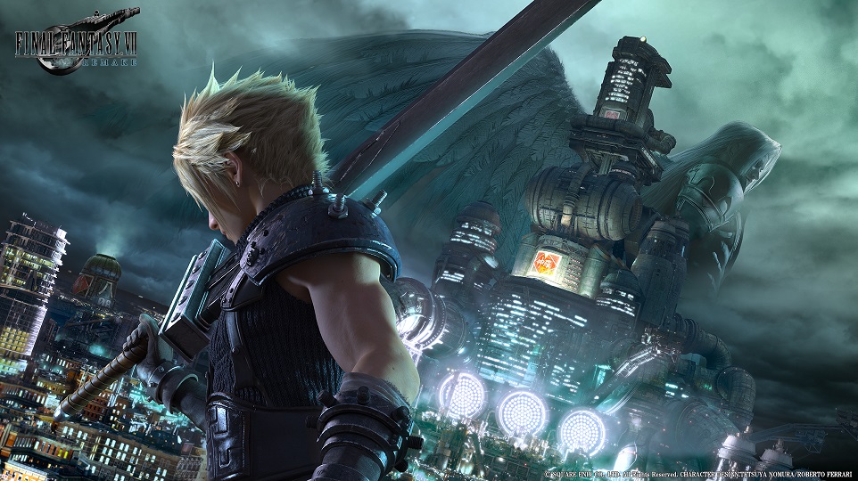 Blond character with a sword in front of a futuristic city with winged silhouette in the distance