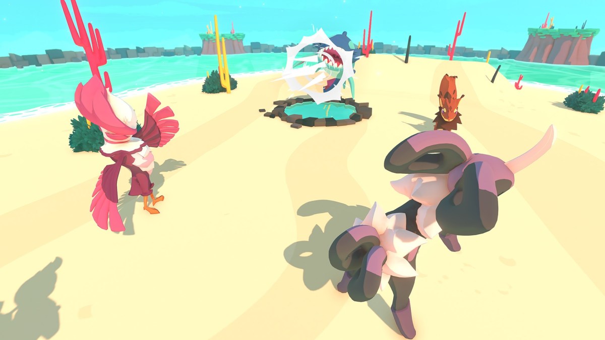 Four monsters in battle on a sand and beach setting.