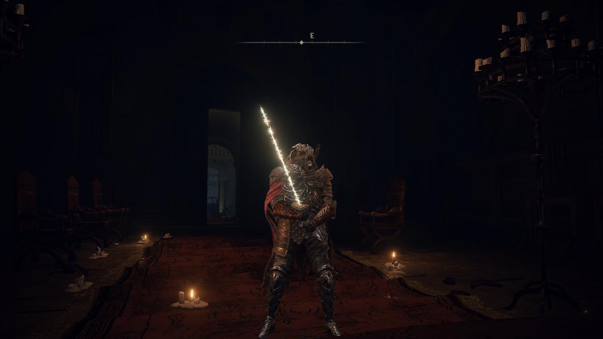 Screenshot of Elden Ring showing the Tarnished holding the Coded Sword