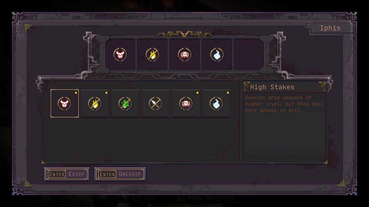 Modifiers selection screen