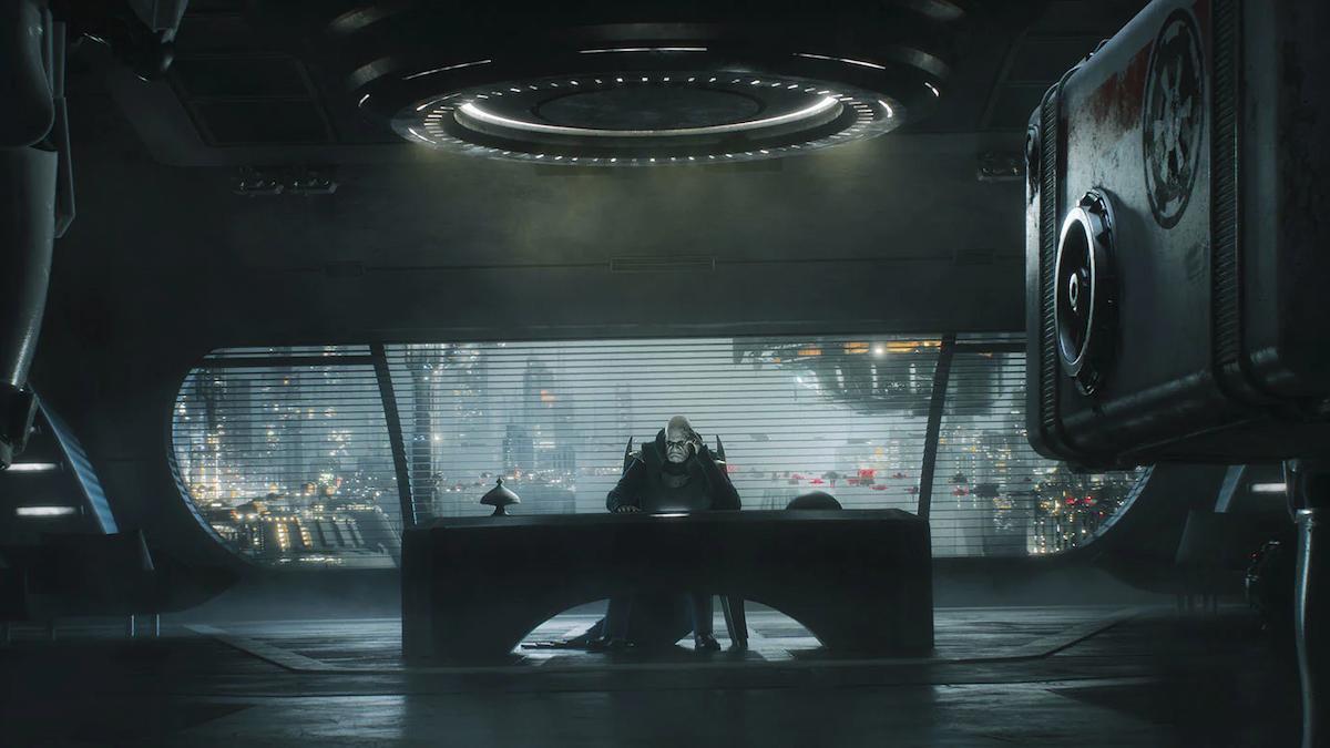 A mysterious villain from Jedi Survivor sits at a desk
