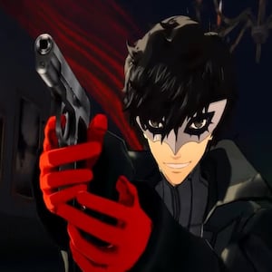 Protagonist in red gloves holding a gun