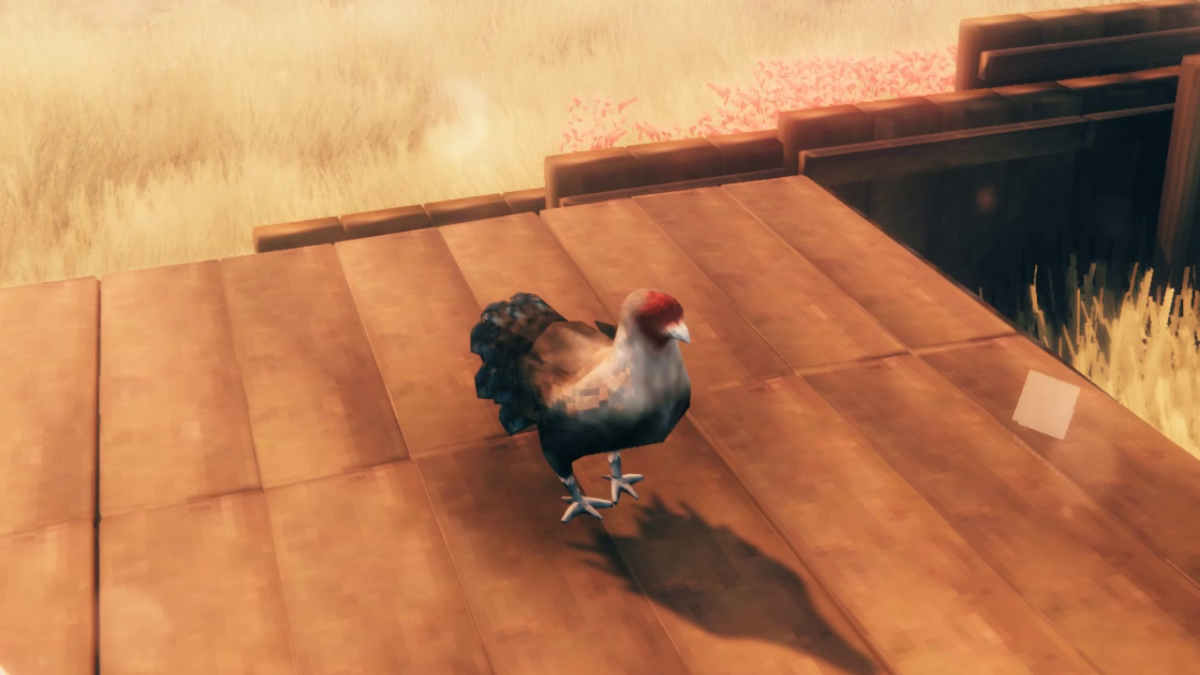 A Hen Standing on a Wooden Floor in Valheim