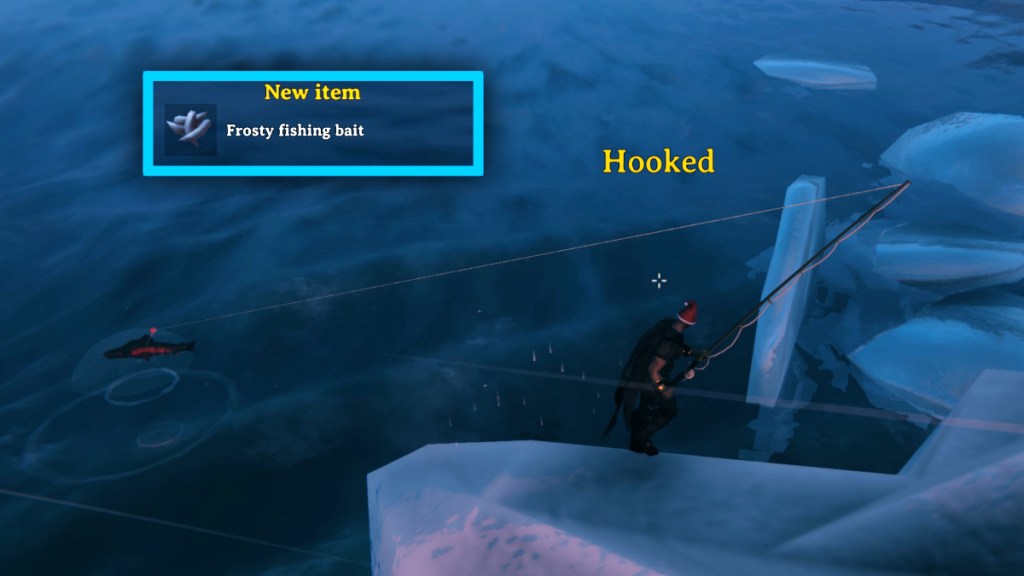 Reeling in a Northern salmon Using Frosty fishing bait in Valheim