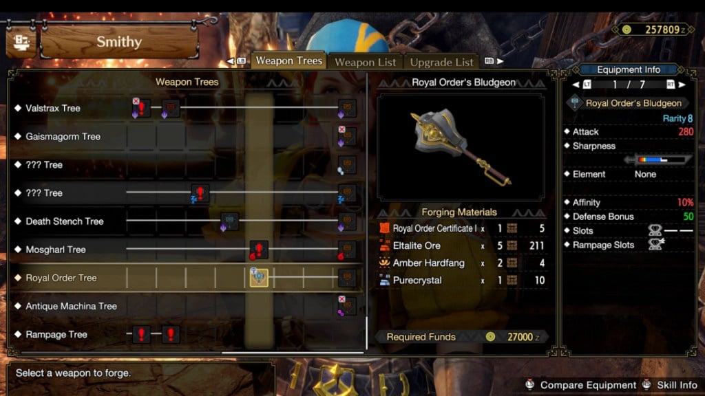 Blueprint Recipe for Royal Order's Bludgeon Hammer in Monster Hunter Rise Sunbreak