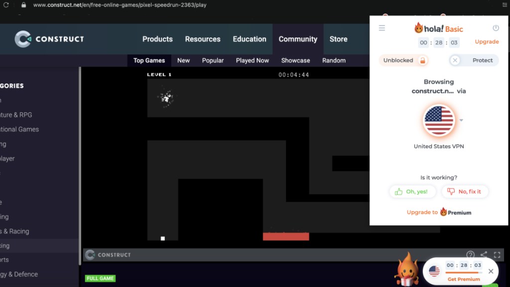 Playing Pixel Speedrun unblocked with Hola Proxy Unblocker