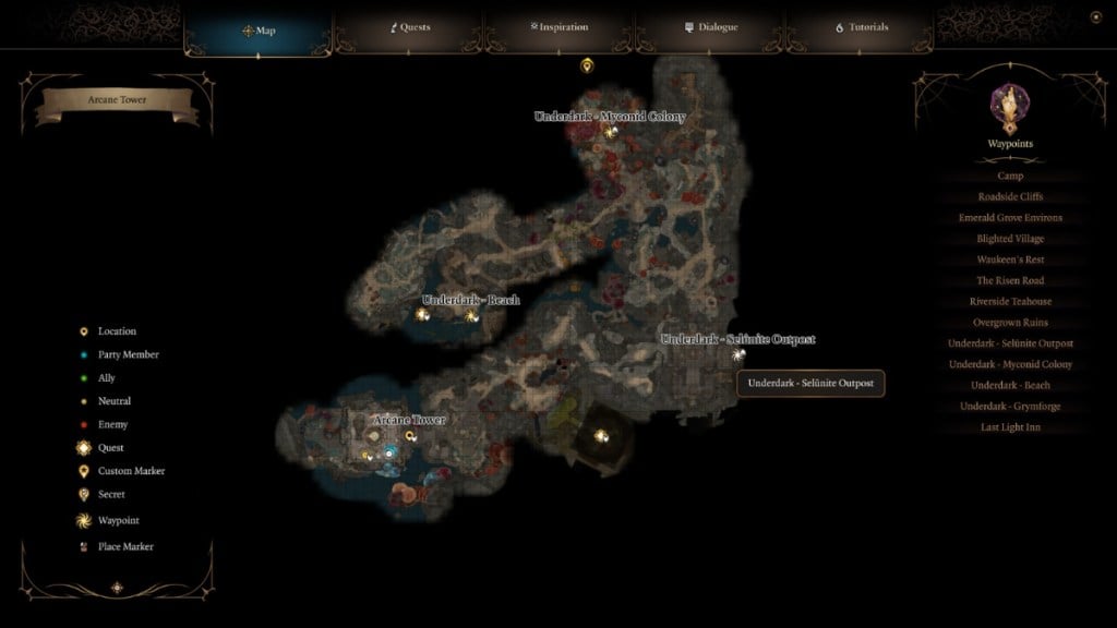 Arcane Tower Location on the Underdark map in BG3