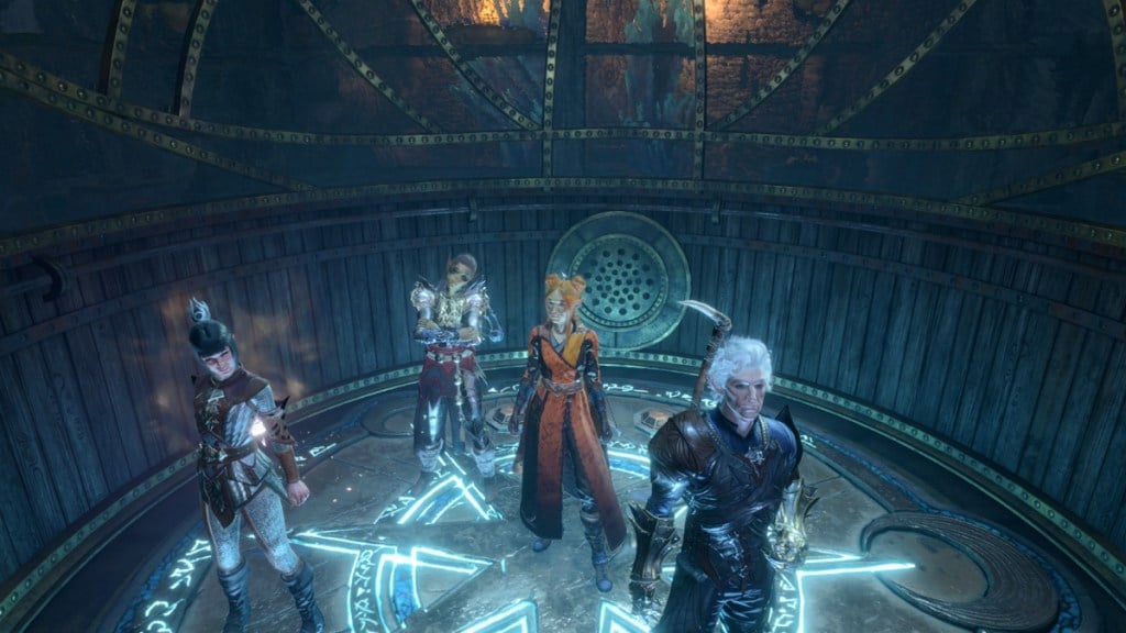 BG3 screenshot of the player character, Shadowheart, Astarion, and Lae'zel riding the Arcane Tower elevator.