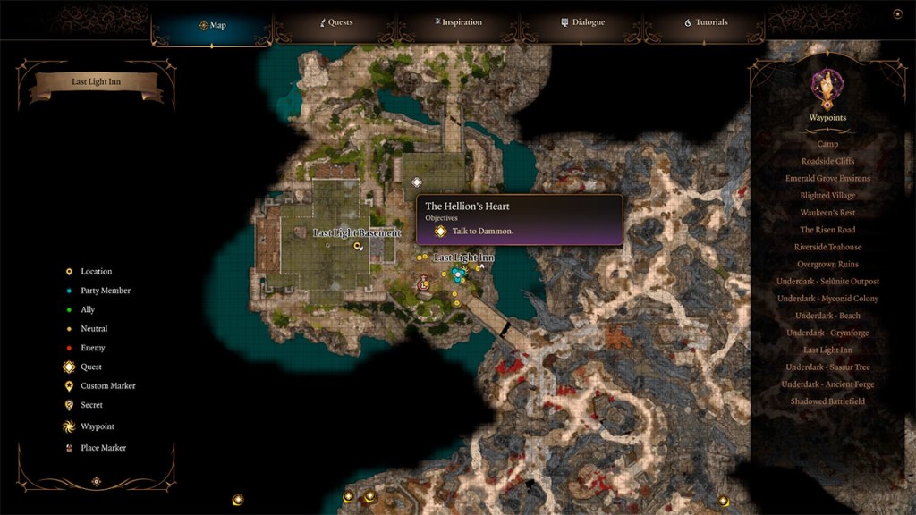 Dammon's Location at the Last Light Inn on the Shadow-cursed lands map in Baldur's Gate 3