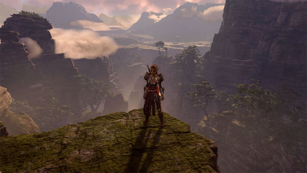 BG3 screenshot of Lae'zel wearing flawed helldusk armor and standing on a cliff