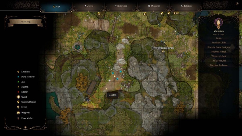 Monster Hunter location on a map of the putrid bog in Baldur's Gate 3