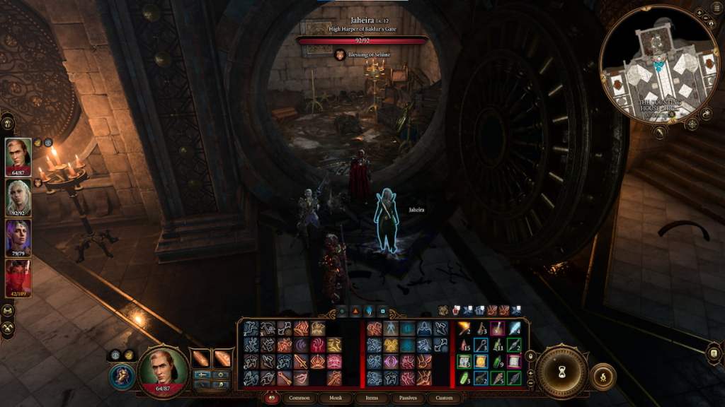 BG3 screenshot of the party standing in front of an open, ransacked vault in the Counting House.