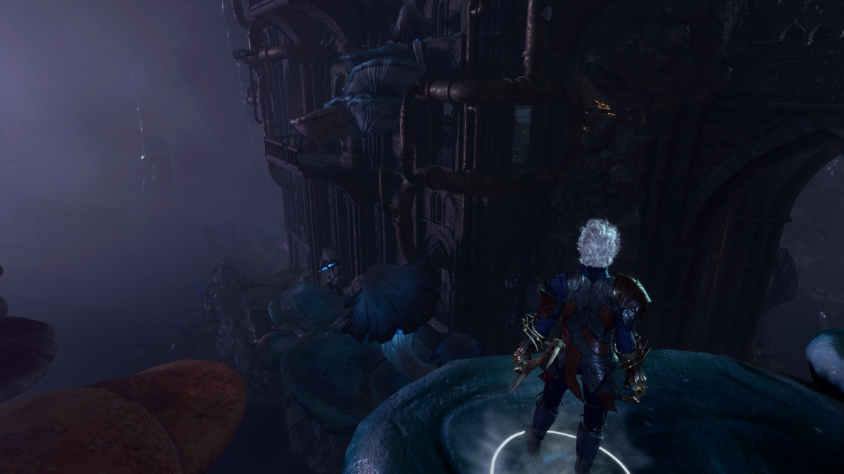 BG3 screenshot of Astarion standing at the Arcane Tower entrance.