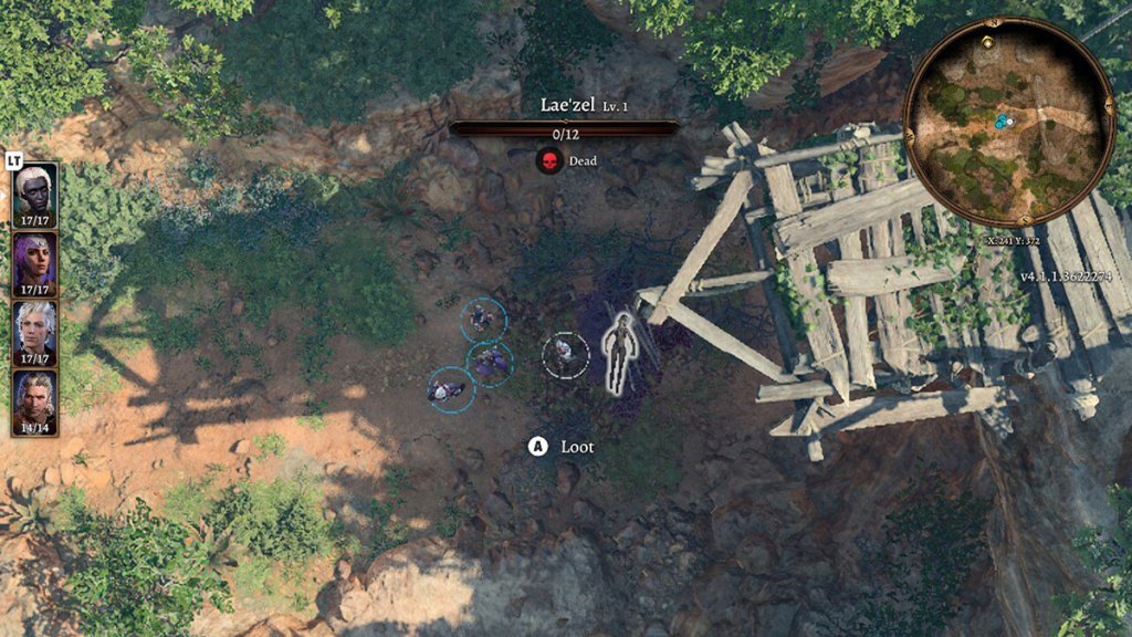 BG3 overhead screenshot of Lae'zel lying dead in a grassy area