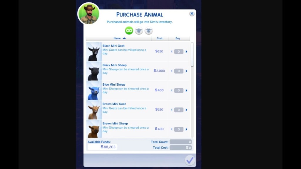 Purchase Animal Menu Sims 4