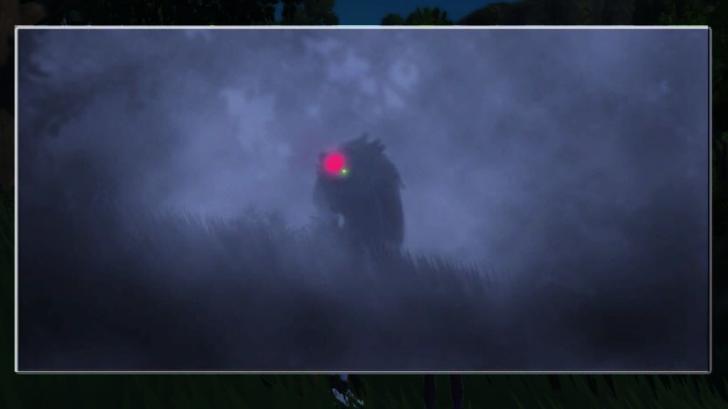 Photograph of bloodmoon ursaluna obscured by fog in pokemon scarlet & Violet's Teal Mask DLC