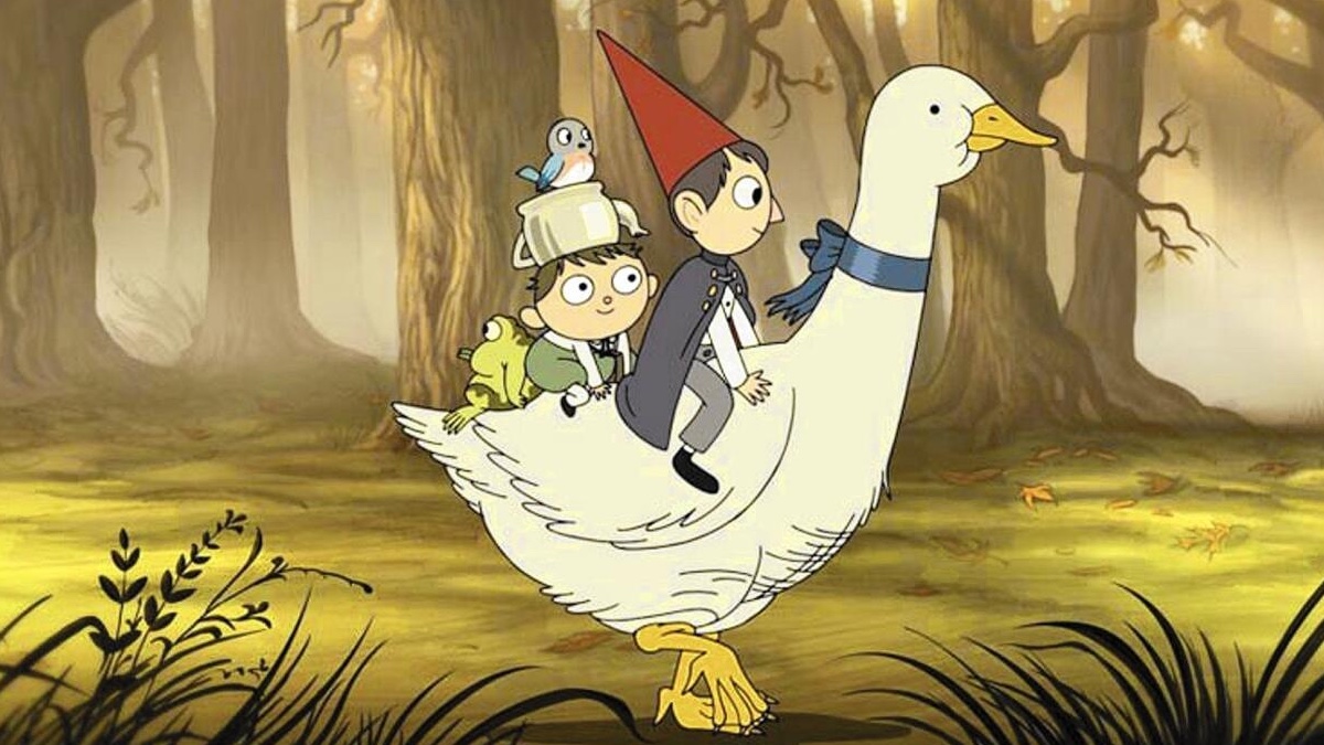 A frog, a bluebird, and two strangely dressed young boys peacefully ride a large goose through a forest.