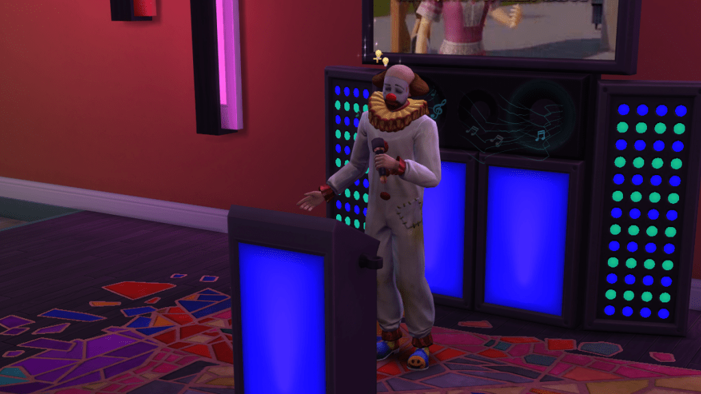 A sad clown performs a morose round of karaoke. 