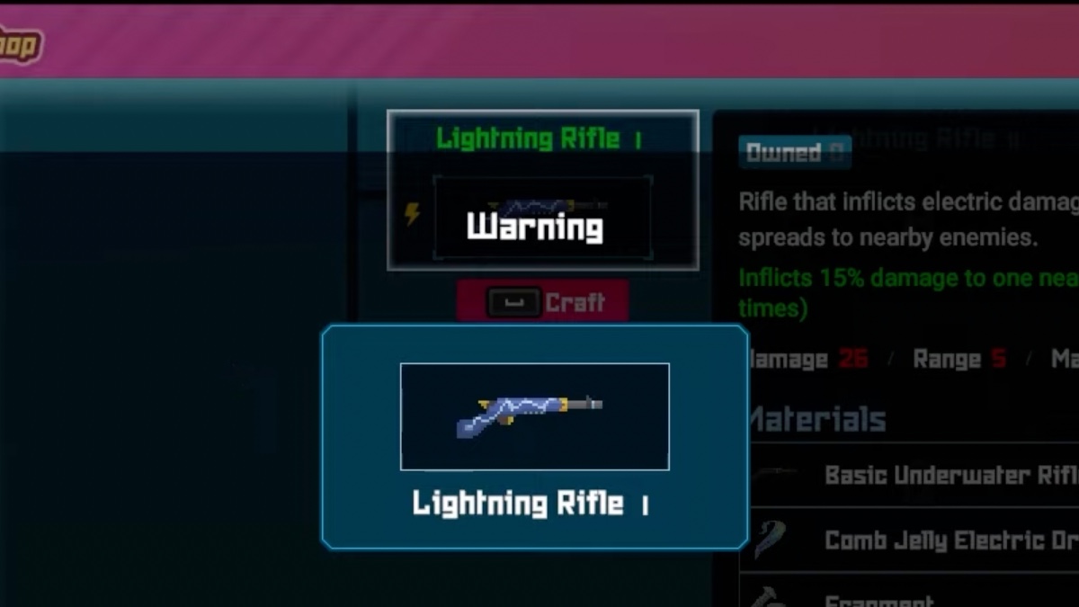 An image of the Lightning Rifle. There is partial text in background, but main text reads "Lightning Rifle I" and "Warning."