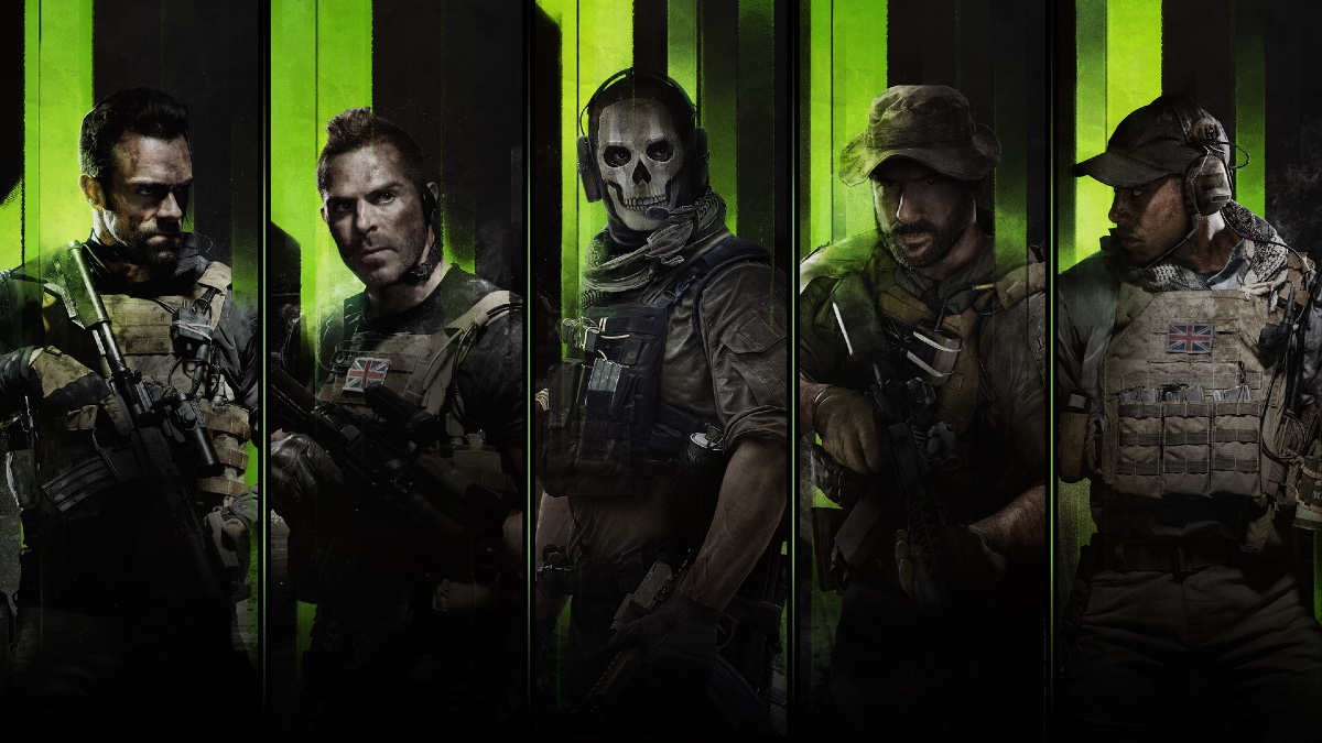 Image of five digitally rendered but photorealistic paramilitary looking tough guys who look around thirty years old. Two have hats, one is wearing a skeleton mask and a microphone headset, all are in desert camo bulletproof vests.The background is an abstract of black and a glowing lime green in some kind of geometric motherboard-inspired pattern.
