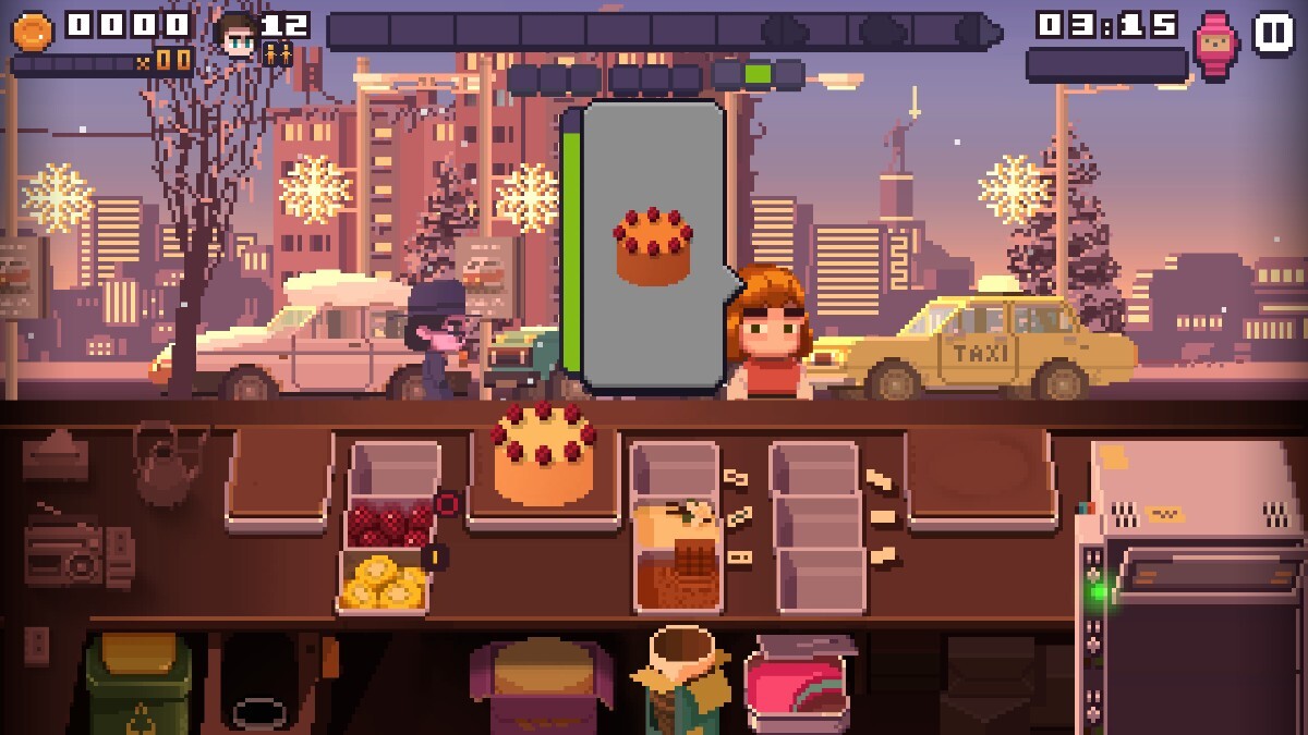 A shot of gameplay featuring crowded bakery counter with a plain cake with raspberries. At the counter, a redhead with a pageboy haircut who is ordering the cake. They have a nearly full paitience meter. Behine them, a snowy downtown city scene with some snowflake christmas decorations.