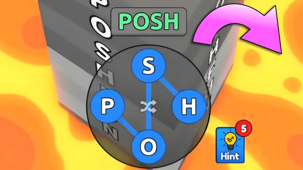 An anagram generator hovers above a pool of lava. A box shows the player has five hints remaining.
