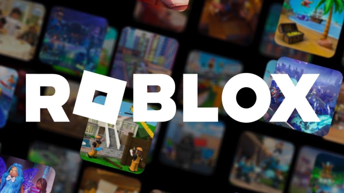 Text reading "Roblox" against a background of stills from their various games.