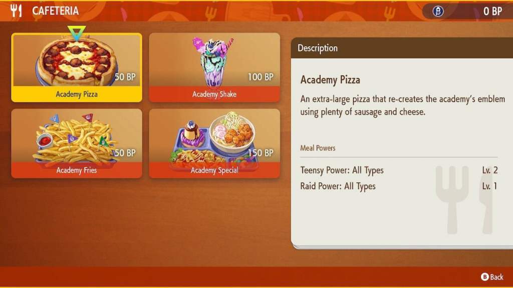 Pokemon Indigo Disk screenshot of Academy Pizza in the Blueberry Academy Cafeteria menu.