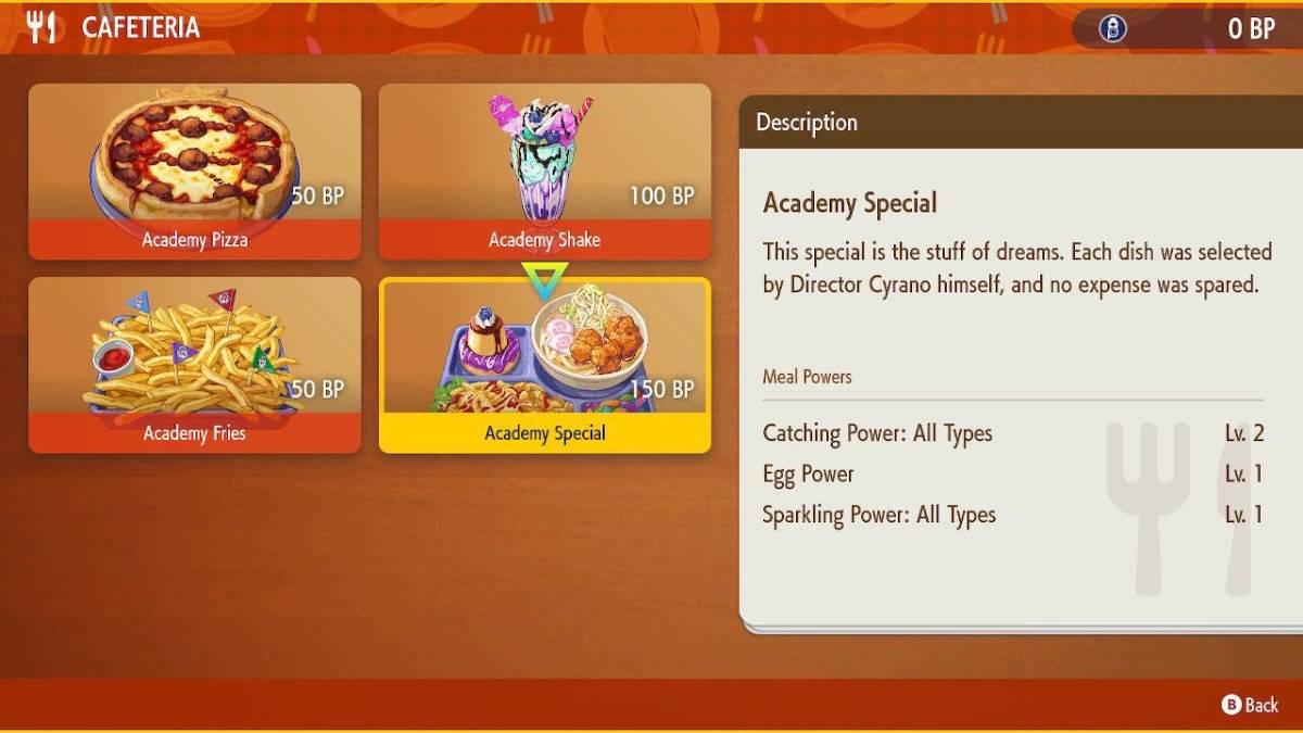 pokemon indigo disk screenshot of a sparkling power all types sandwich in the blueberry academy cafeteria menu.