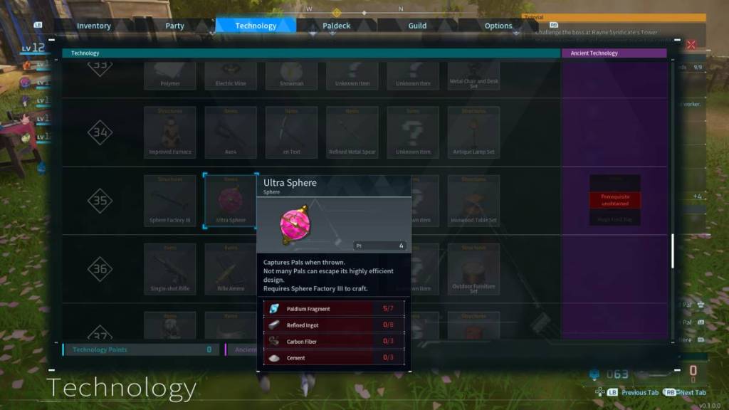 Palworld screenshot of the ultra sphere in the technology tree menu