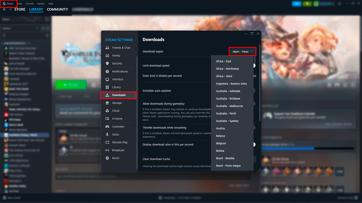 change steam download region granblue